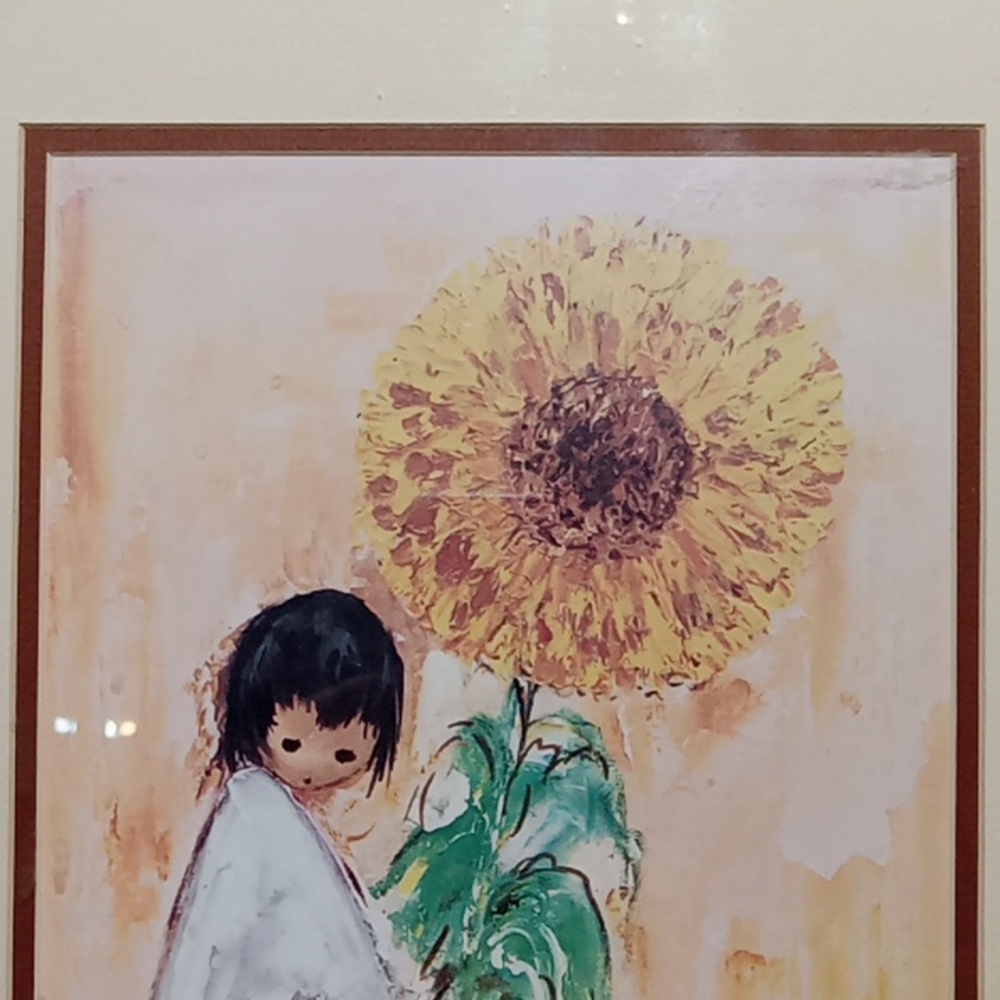 De Grazia Boy & Sunflower Art Print in Brown Frame 19x15 Vintage 1975 SW Decor - Picture 3 of 5